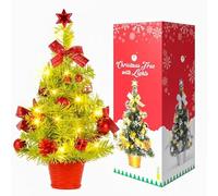 Lucoss 45cm Pre-lit Small Christmas Tree with Lights, Artificial Tabletop Mini Christmas Tree with Star Topper and Balls, Perfect for Home, Kitchen, Shop, Bar, Office, Desk (Rose Red)