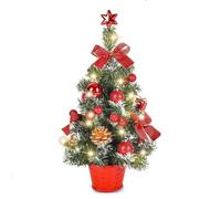 Lucoss 45cm Pre-lit Small Christmas Tree with Lights, Red Mini Christmas Tree with Pine Cones & Star Topper, Perfect for Bedroom, Kitchen, Party Decoration (Battery Not Included)