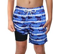 LUCOWEE Anti Chafe Little Boys Swim Trunks with Boxer Brief Liner No Mesh Swimming Shorts Compression Lined 4-Way Stretchy UPF Quick Dry Swimsuit Size 5T 5-6 Blue Sharks