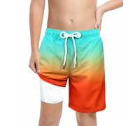 LUCOWEE Boys Bathing Trunks Boxer Brief Lined Anti Chafe Quality Swimming Shorts Swimsuits Stretchy Light Weight Quick Dry UPF 50+ Water to Land Blue Red Ombre Navy Size 10-12