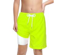 LUCOWEE Boys Bathing Trunks Comfort Compression Boxer Brief Lined Anti Chafe no Mesh Swim Shorts Swimsuits Sandless Stretchy Real Drawstring Light Weight Quick Dry UPF 50+ Fluorescent Lime Size 18-20