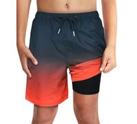 LUCOWEE Boys Black Red Ombre Swim Trunks with Boxer Brief Liner Anti Chafe No Binding Swimming Shorts Compression Lined 4-Way Stretchy UPF Quick Dry Bathing Suit Size 14-16