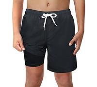 LUCOWEE Boys Black Swim Trunks with Boxer Brief Liner Anti Chafe No Mesh Swimming Shorts Compression Lined 4-Way Stretchy UPF Quick Dry Swimsuit Size 10-12 Medium