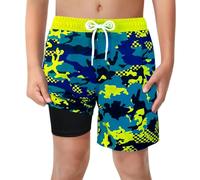 LUCOWEE Boys Camo Swim Trunks with Boxer Brief Liner Anti Chafe No Mesh Swimming Shorts Compression Lined 4-Way Stretchy UPF Quick Dry Swimsuit Size 7-8