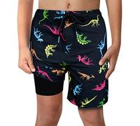 LUCOWEE Boys Dinosaur Fossils Swim Trunks with Boxer Brief Liner Anti Chafe No Mesh Swimming Shorts Compression Lined 4-Way Stretchy UPF Quick Dry Bathing Suit Size 18-20