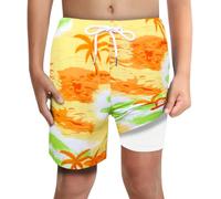 LUCOWEE Boys Orange Palm Tree Trunks with Boxer Brief Liner Anti Chafe No Irritation Swimming Shorts Compression Lined 4-Way Stretchy UPF Quick Dry Bathing Suit Size 14-16