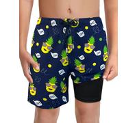 LUCOWEE Boys Pineapple Navy Swim Trunks with Boxer Brief Liner Anti Chafe No Mesh Swimming Shorts Compression Lined 4-Way Stretchy UPF Quick Dry Pineapple Bathingsuit Size 14-16