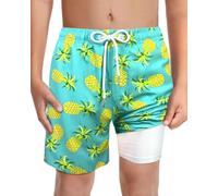 LUCOWEE Boys Pineapple Swim Trunks with Boxer Brief Liner Anti Chafe No Irritation Swimming Shorts Compression Lined 4-Way Stretchy UPF Quick Dry Bathing Suit Size 14-16