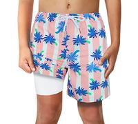 LUCOWEE Boys Pink Stripe Palmtree Swim Trunks with Boxer Brief Liner Anti Chafe No Mesh Swimming Shorts Compression Lined 4-Way Stretchy UPF Quick Dry Swimsuit Size 7-8