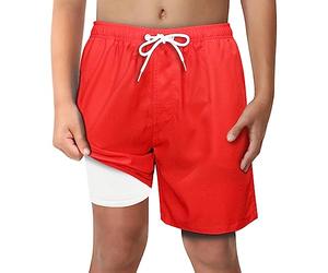 LUCOWEE Boys Red Swim Trunks with Boxer Brief Liner Anti Chafe No Mesh Swimming Shorts Compression Lined 4-Way Stretchy UPF Quick Dry Bathing Suit Size 18-20 Swim Shorts