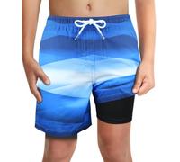 LUCOWEE Boys Swim Trunks with Comfort Liner Anti Chafe No Irritation Swimming Shorts Compression Lined 4-Way Stretchy UPF Quick Dry Size 10-12 Silver Lining