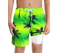 LUCOWEE Boys Swiming Trunks Soft Boxer Liner Anti Chafe Swim Hybrid Shorts Swimsuits Comfort Thick Stretchy Light Weight Quick Dry UPF 50+ Neon Coconut Tree Size 18-20