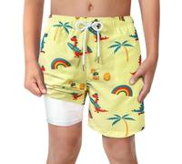 LUCOWEE Boys Yellow Dinosaur Swim Trunks with Boxer Brief Liner Anti Chafe No Mesh Swimming Shorts Compression Lined 4-Way Stretchy UPF Quick Dry Bathing Suit Size 14-16