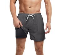 LUCOWEE Mens Swim Trunks with Compression Liner Anti Chafe no Mesh net Comfort Swimming Shorts Boxer Brief Lined 5.5" Gray Medium