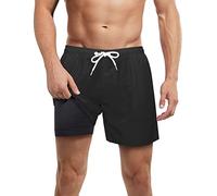 LUCOWEE Mens Swim Trunks with Compression Liner Anti Chafe no Mesh Net Comfort Swimming Shorts Boxer Brief Lined 5.5" Black Small