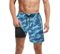 LUCOWEE Mens Swim Trunks with Compression Liner no Mesh Lined Swimming Trunks Quick Dry UPF Stretchy 7" Bathing Suit Shorts Green Palms Navy X-Large