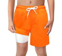 LUCOWEE Toddler Boys Bright Orange Swim Trunks with Boxer Brief Liner Anti Chafe No Mesh Swimming Shorts Compression Lined 4-Way Stretchy UPF Quick Dry Swimsuit Size 5T 5-6