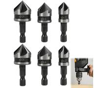 LUCTHY 6 Pcs Countersink Drill Bit Set, 1/4" Hex Shank HSS Counter Sinks | 6-piece 90° high carbon steel bits set. 12mm, 16mm, 19mm. For wood, plywood and soft metals like aluminium