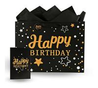 LUCTHY Large Black Birthday Gift Bag with Handles, Birthday Present Bag for Women and Men, Includes 3 Tissue Papers and Greeting Card, Luxury Gift Bag (Black-1)