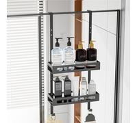 LUCUHM 2-tier Hanging Shower Caddy - Black Large Over Door Bathroom Storage Shelves No Drilling - Bathroom Organiser Caddy with Hooks - Tidy Rack Accessories for Shampoo Shower Gel Black