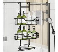 LUCUHM 3-tier Shower Caddy Hanging - Black Over Door Bathroom Storage Shelves No Drilling - Stick on Adhesive Shower Organiser Caddy with Hooks - Shower Tidy Rack Accessories Shampoo Gel Black