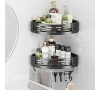 LUCUHM Corner Shower Caddy - 2 Pack Bathroom Storage Shelves No Drilling With Towel Bar - Stick on Adhesive Shower Organiser Caddy with Hooks - Corner Tidy Rack for Shampoo Gel