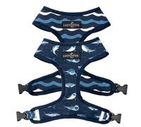 Lucy & Co. Reversible Dog Harness - Water-Repellent Neoprene, Dual-Print Design, Easy Swap Style, Adjustable Comfort Fit - Shark Attack Reversible Harness - X-Small