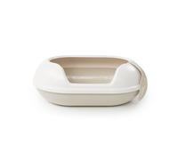 LucyBalu® Arena Cat Litter Tray with High Rim Large Hop-in Cat Litter Tray Odour-Free Modern Design Cat Litter Tray with Entry from Top Open XXL Cat Toilet Includes Litter Scoop Taupe / White