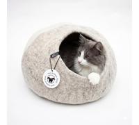 LucyBalu® Premium Felt Cat Cave | Natural Cat Bed Made of 100% Fluffy Wool | Felt Cave for Cats Handmade in Nepal | Cuddly Cave for Cats | 45 x 45 x 28 cm | Light Grey/White