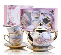 LUCYLANKER European Style Ceramic Tea Set, Kiln Altered Glaze Porcelain Tea Set, Including 1 Teapot, 2 Teacups and 2 Tea Trays, Suitable for Tea Lovers, Ladies, Men (Style 1)