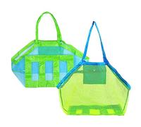 LucyStudio Summer Beach Bags Large Green Mesh 1pc & Blue Mesh 1pc Foldable Mesh Beach Bag for Child's Toys Lightweight Reusable Net Bag for Wet Towels Shoes Folding Sand Away Tote 18x12x18inch(2pcs)