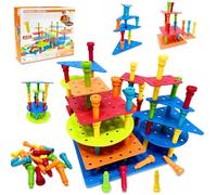 Ludihive 100Pcs Stacking Toys, Montessori Educational Toy, Large Size Peg Board Toy Set, DIY Peg Games, Tall-Stacker Pegs, Peg Puzzles with 18 Pegboards, Color Recognition Counting Motor Skills