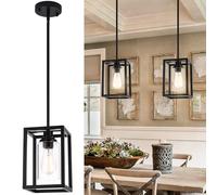 Black Farmhouse Pendant Light fixtures,Industrial Kitchen Island Light, Rectangle Linear Chandelier Metal Hanging Lighting Fixture with Clear Glass Shade Ceiling Lamp for Dining Room Bar Cafe(1 Pack)