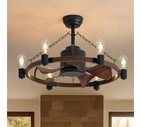 LUDOMIDE Ceiling Fan with Light, 28” Rustic Chandelier Ceiling Fan with Remote Control, Farmhouse Caged Ceiling Fan with Lights for Bedroom, Kitchen, Living Room, Dining Room