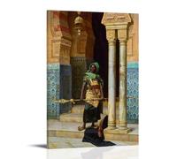Ludwig Deutsch 1902 Orientalist Wall Art The Nubian Guard with Turban And Spear in Ornate Architectural Setting Print Decorative Painting Canvas Wall Art Living Rooms Bedroom Painting Frame-style 16x2