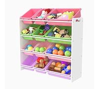 Luebel Children Kids Toy Storage Unit Playroom Toy Organizer Rack 12 Plastic Bins Boxes (White and Multi)