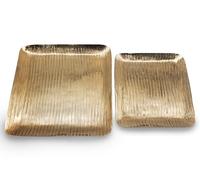 Luene Square Brass Trays with Line Design - Set of 2 Gold Color Large and Medium Serving Dish Platters and Decorative Trays for Kitchen or Home Decor