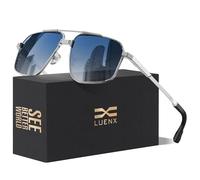 LUENX Sunglasses for Men Square Polarized Polygon Sun Glasses UV400 Protection 60mm,Gradient Blue Lens Silver Frame