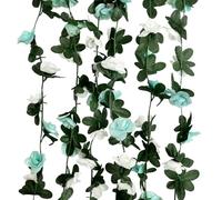 Luerbi 8Pcs 63Ft Teal White Rose Garland, Artificial Rose Vine Flowers, Silk Plastic Material, Other Shape, For Party Wedding, Garden, Room Table, Christmas, Backdrop Wall Arch Decor