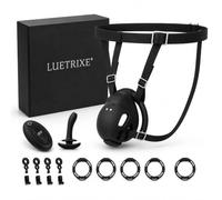 LUETRIXE Chastity Cage Set, 10-Mode Remote Vibrator | Black resin, adjustable harness belt, remote control, vibrating plug, 5 sizing rings, adult restraint play
