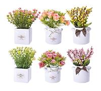 LUEUR 6Pcs Artificial Pot Flowers with Ceramic Potted Fake Flower Arrangements Small Faux Flower in Pots for Home Farmhouse Office Windowsill Table Centerpieces Shelf Decor