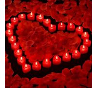LUFEIS Artificial Rose Petals, 2000pcs Red Rose Petals with 24pcs Heart Shape LED Candles, Romantic Tealight Candles and Petal Set for Romantic Night, Valentine's Day, Wedding and Engagement