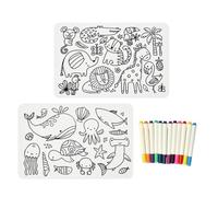 LUFEIS Colouring Placemat, Set of 2 Washable and Reusable Colouring Placemats with 12 Markers for Kids, 35 x 25cm Silicone Learning Placemat - Jungle & Ocean Theme Table Mat for Home Kitchen Table