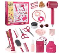 LUFEIS Kids Hairdressing Set, 22 Pcs Children Salon Hairdresser Set with Toy Hairdryer, Straightener, Comb, Scissors, Apron and Styling Accessories, Beauty Salon Pretend Play Toys for Girls Aged 3-8