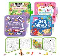 LUFEIS Mess Free Water Painting Books, 4 PCS Reusable Water Colouring Books with Water Pens, No Mess Aqua Art Magic Water Drawing Kit (Animals & Sea World & Daily Life & Transportation)