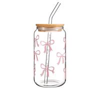 LUFEIS Pink Bow Glass Tumbler, 16 oz, Glass Cup with Lid and Straw, Versatile Iced Coffee Cup for Girls, Women, Friends