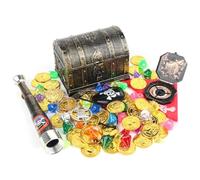 LUFEIS Pirate Treasure Chest Toy, Plastic Bronze Treasure Chest with 50 Gold Coins, Fake Gems, Compass, Telescope and Pirate Accessories, Treasure Box with Lock for Pirate Party, Treasure Hunting