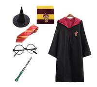 LUFEIS Wizard Costume, 6PCS Harry Wizard Costume Accessories Set for Kids, Wizard Cosplay Outfit with Hooded Black Cape, Wizard Hat, Wizard Scarf, Wand, Tie & Glasses, Halloween Carnival Fancy Dress