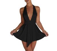 LuFeng Women's Sexy Sleeveless Halter Deep V Neck Backless Tie Back Waist Flowy Drape Satin Cocktail Mini Dress, Black, L