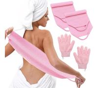 LUFFLOK Bath Sets, 2Pcs Exfoliating Glove and 2Pcs Body Scrubber, Back Scrubbers for Use in Shower, Exfoliating Mitt and Exfoliating Towel for Body, Face, Shower, Bath and Deep Cleansing (Pink)